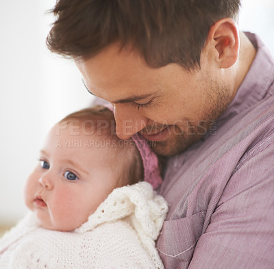 Buy stock photo Family, baby and dad at home with love, support and care together with parent and bonding. Relax, father and happy in a house with hug of a calm infant with childcare and smile with a young girl