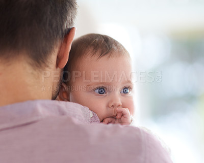 Buy stock photo Family, baby and dad at home with love, newborn and care together with parent and bonding. Relax, father and happy in a house with hug of a calm infant with childcare and smile with support and back