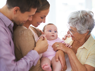 Buy stock photo Family, grandmother with baby and parents are happy at home, people bonding with love and relationship. Support, trust and care, smile for pride and generations, childhood and connect with infant