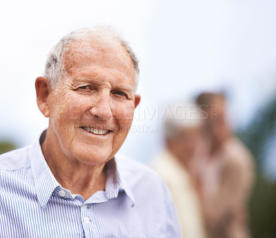 Buy stock photo Senior, man and happy portrait outdoor on holiday, vacation and travel for retirement with confidence. Elderly, person and face with smile in garden, nature or backyard of home for relax and break