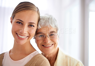 Buy stock photo Senior woman, daughter and portrait with hug, pride and care for love, bonding and reunion in family home. People, elderly mom and mothers day celebration with connection, together and smile in house