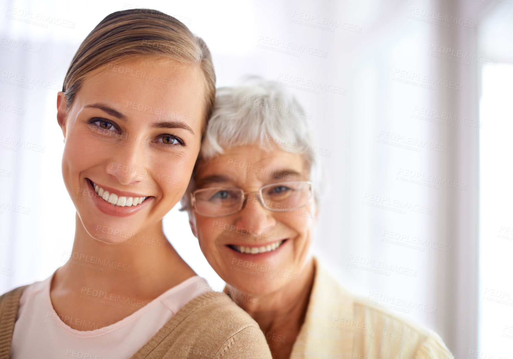 Buy stock photo Senior woman, daughter and portrait with hug, pride and care for love, bonding and reunion in family home. People, elderly mom and mothers day celebration with connection, together and smile in house