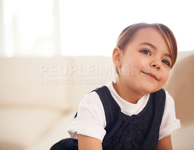 Buy stock photo Girl kid, thinking or dream of future at home with questions, pensive and contemplating in living room. Thoughtful, mindfulness and ideas with youth, decision or choice for imagination and fantasy