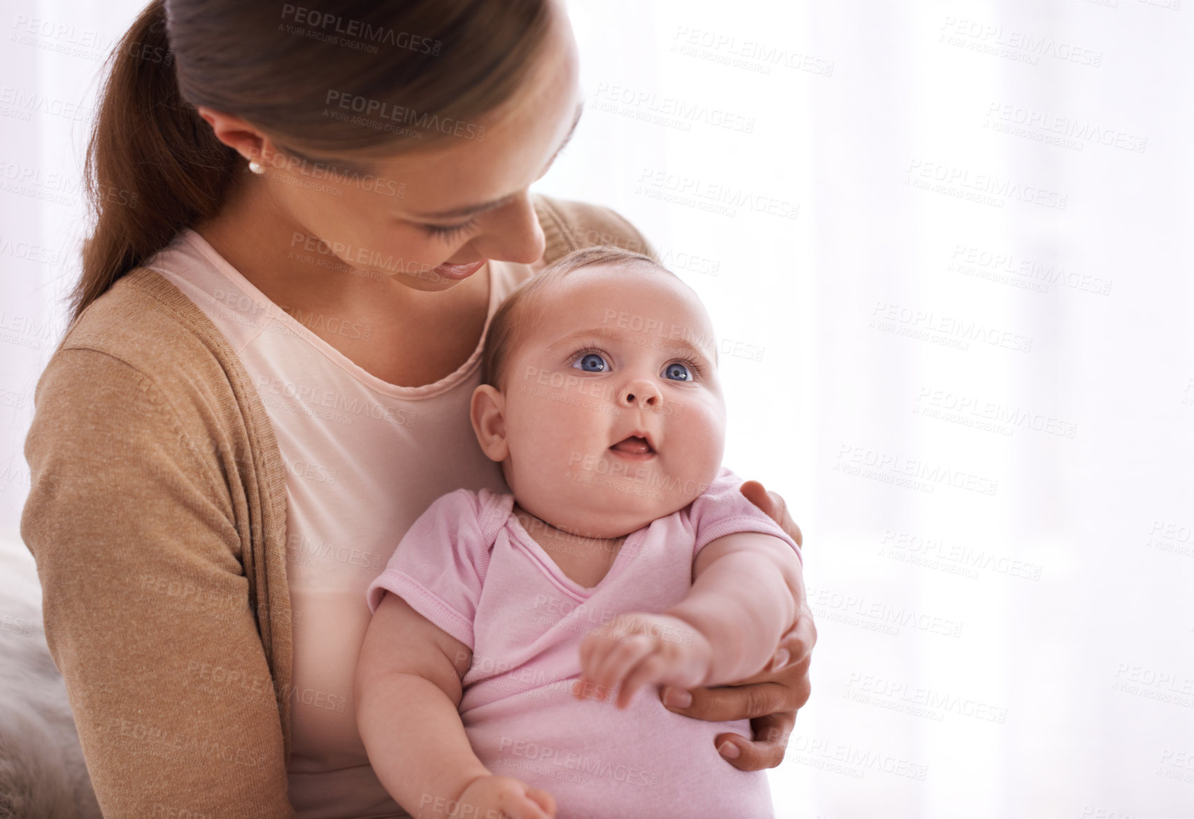 Buy stock photo Mom, hug and baby with love, support and care for family, bonding and maternity at home. Happy mother, parent or woman playing with her newborn child or infant for development, excited and growth