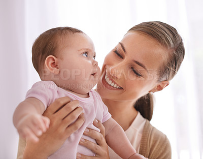 Buy stock photo Happy, baby and mom in a home with a calm, relax and sweet infant in a living room. Youth, child and house with toddler in the morning with love, smile and care from parent with support and bonding
