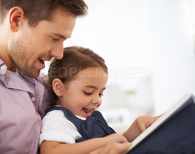 Buy stock photo Father, child with book for reading and fairytale, happy with bonding at home and knowledge for education. Man, young girl and storytelling for fantasy and learn with love and care together in lounge