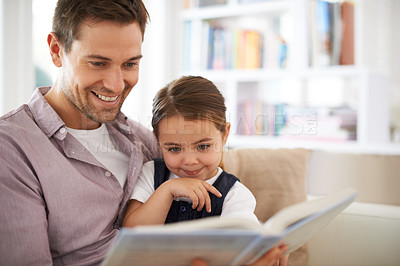 Buy stock photo Dad, kid with book for reading and storytelling, happy with bonding at home and knowledge for education. Man, young girl and story time for family and learning with love and care together in lounge