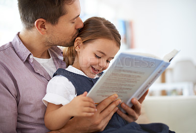 Buy stock photo Father, girl and reading book in family home, smile and daughter with happy expression. Childcare, development and growth in education, single parent and kid in living room for fantasy story time