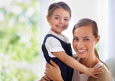 Buy stock photo Mom, kid and hug for love in portrait, happy for security with bonding and care at family home. Safety, trust and affection with embrace to nurture and people with joy and comfort for connection