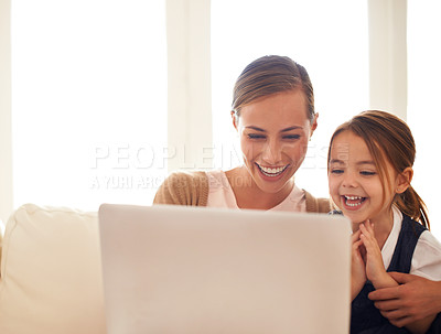 Buy stock photo Laptop, education or elearning with mother and daughter on sofa in living room of home to study together. School, remote class or homework with woman parent and girl child in apartment for growth