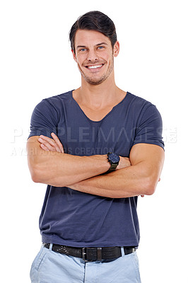 Buy stock photo Portrait, happy man or arms crossed for fashion in summer clothes, watch or belt on white background. Confident male model, tshirt and accessories for fashionable, casual and outfit in Australia