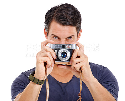 Buy stock photo Portrait, photograph and man with camera, freelancer and model isolated on white studio background. Face, person and guy with equipment and vintage with retro and photoshoot with memory and hobby