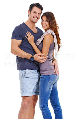 Buy stock photo Couple, portrait and hug in studio with happiness for romance, bonding or honeymoon date with affection. Marriage, man or woman with embrace, face or smile for anniversary bonding on white background