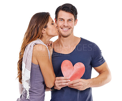 Buy stock photo Portrait, paper and heart with couple, kiss and love isolated on a white studio background. Face, man and woman with cutout and symbol with romance and Valentines day with marriage and relationship