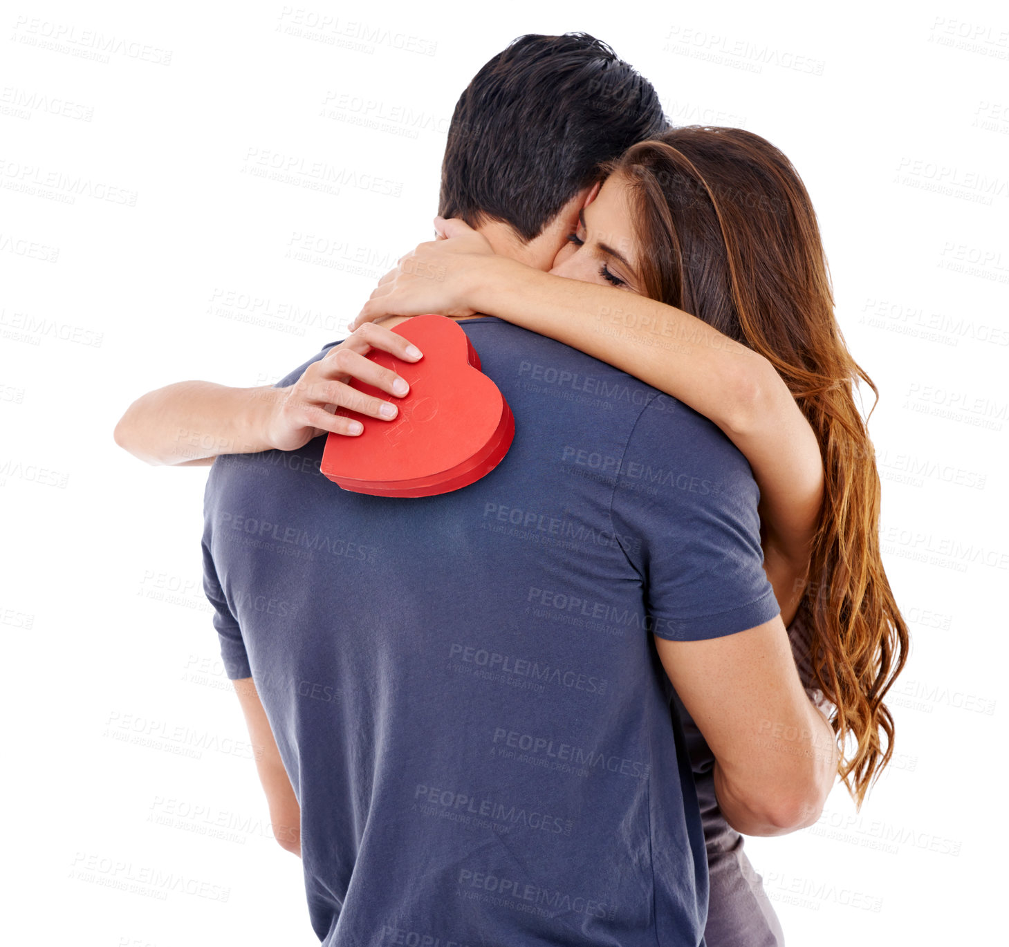 Buy stock photo Hug, paper and heart with couple, love and relationship isolated on white studio background. Bonding together, man and woman with cutout or symbol with embrace or Valentines day with marriage or gift