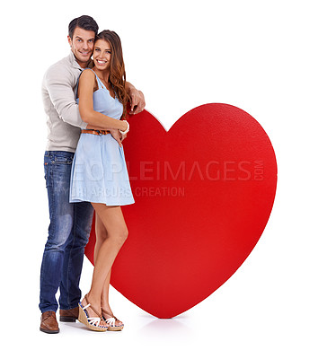 Buy stock photo Couple, hug and heart paper in studio for love, romance and happy portrait with care and mockup on a white background. Young woman and man together with emoji, shape and space for valentines day
