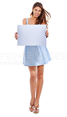 Buy stock photo Portrait, smile and woman with poster for mockup, space or advertising isolated on a white studio background. Presentation, sign and happy person with banner for information, promotion or show offer
