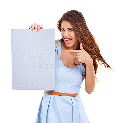 Buy stock photo Portrait, excited and woman pointing at poster for mockup, space or advertising isolated on white studio background. Presentation, sign and happy person with hand gesture for marketing, sale or offer