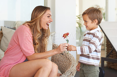 Buy stock photo Flower, gift and excited mom of a child with a present and giving for mothers day with a smile in home. Happy, celebration and young boy with surprise for holiday in living room with plant in lounge