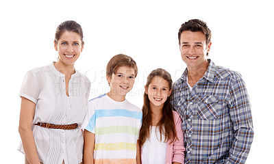 Buy stock photo Happy mother, father and family portrait with children in fashion for love, care or support on a white studio background. Face of mom, dad and kids with smile in casual clothing or style together