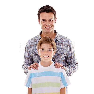 Buy stock photo Happy, fashion and portrait of father and son on white background for care, love and relationship. Family, smile and isolated dad with boy in casual style for bonding, support and relax in studio