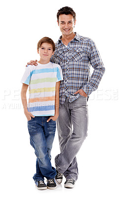 Buy stock photo Happy dad, portrait and hug with kid in fashion for family or bonding on a white studio background. Father, son or child with smile in casual clothing, support or trust for parenthood or childhood