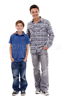 Buy stock photo Happy father, portrait and kid with fashion in style for family or bonding on a white studio background. Dad, son or child with smile in casual clothing, support or trust for parenthood or childhood