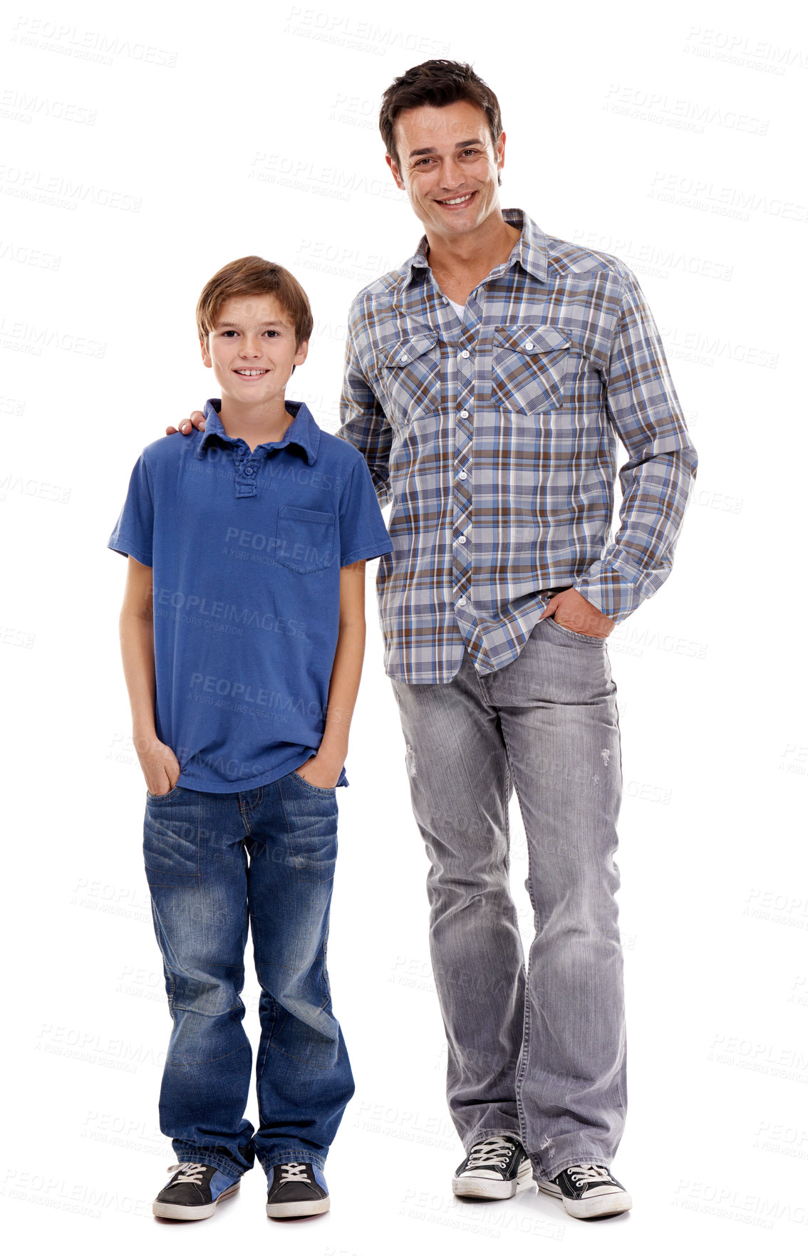 Buy stock photo Happy father, portrait and kid with fashion in style for family or bonding on a white studio background. Dad, son or child with smile in casual clothing, support or trust for parenthood or childhood