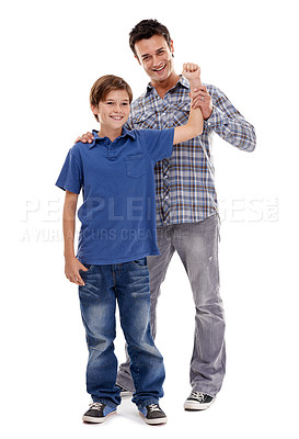 Buy stock photo Happy, muscle and portrait of father with child on a white background for bonding, relationship and love. Family, parent and dad playing, embrace and smile with son for support, care or fun in studio