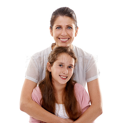 Buy stock photo Happy mother, portrait and hug with child for family, support or love in bonding on a white studio background. Mom, daughter or kid with smile for embrace, trust or parenting in protection or safety