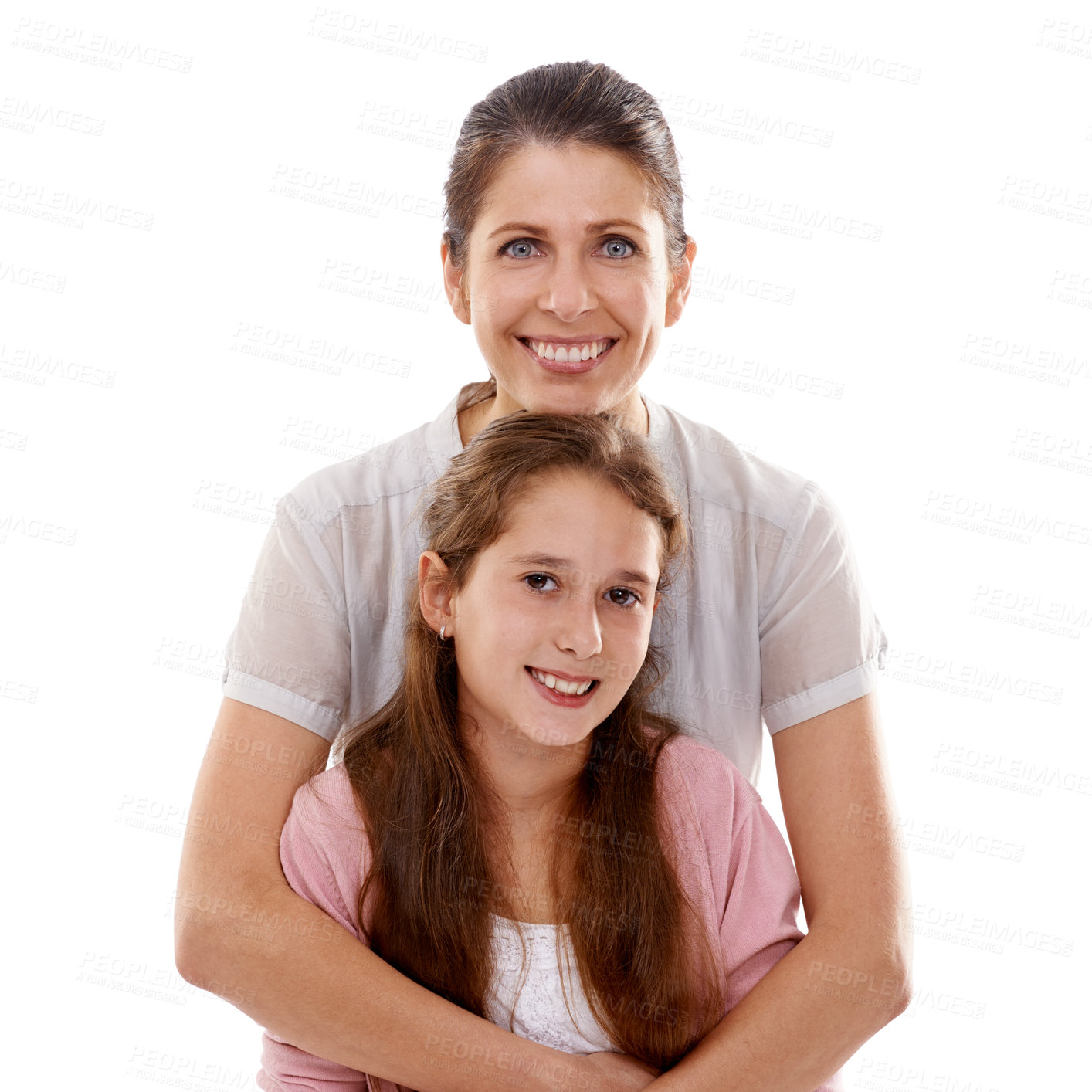 Buy stock photo Happy mother, portrait and hug with child for family, support or love in bonding on a white studio background. Mom, daughter or kid with smile for embrace, trust or parenting in protection or safety