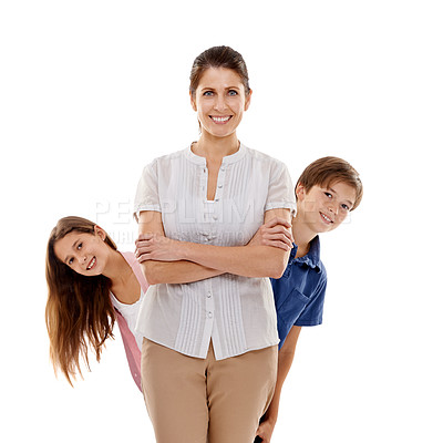 Buy stock photo Happy mother, portrait and children with confidence for love, care or parenthood on a white studio background. Mom, daughter and son with smile or kids in casual clothing or happiness for parenting