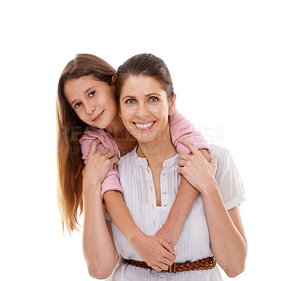 Buy stock photo Happy mom, portrait and hug with child for family, support or love in bonding on a white studio background. Mother, daughter or kid with smile for embrace, trust or parenting in protection or safety