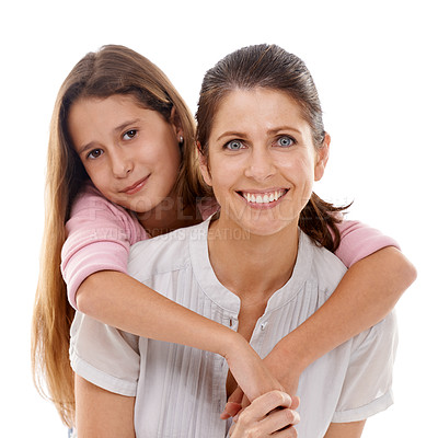 Buy stock photo Mother, child and hug in portrait with smile for love, security and comfort, bonding and trust on white background. Nurture, safety and support, happy woman and young girl for family time together