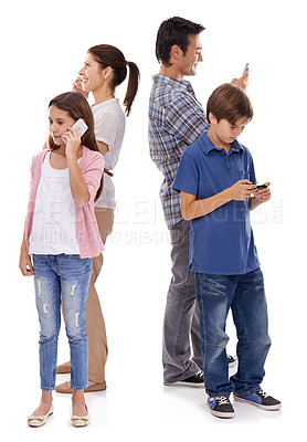 Buy stock photo Family, phone and online in studio with internet for text message, email conversation and video streaming. Father, mother and children with smartphone, technology and mobile chat on white background