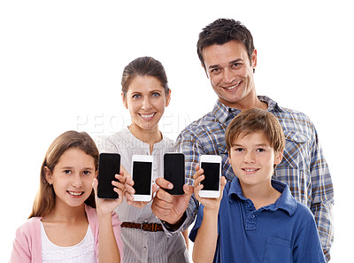 Buy stock photo Family, phone and screen in studio with portrait for mockup space, advertising and marketing display with smile. Father, mother and kids with smartphone, technology and happy face on white background