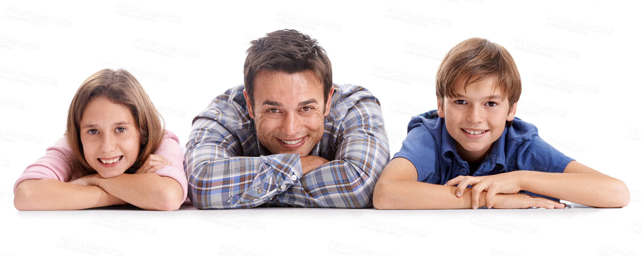 Buy stock photo Happy, relax and portrait of father with children on a white background for bonding, relationship and love. Family, parenthood and dad, girl and boy on floor for support, care and affection in studio