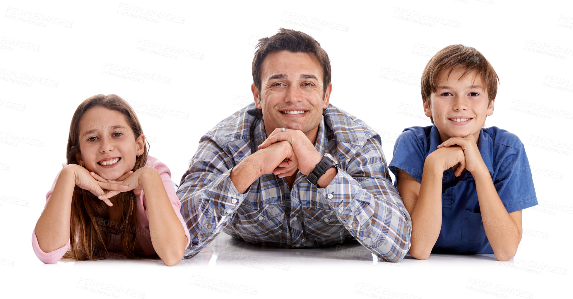 Buy stock photo White background, happy and portrait of father and children together for bonding, relationship and love. Family, parenthood and dad, girl and boy on floor for happiness, care and fun in studio