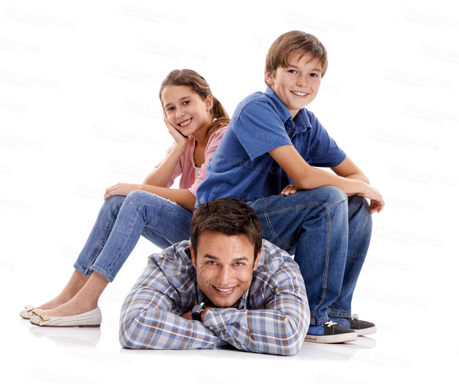 Buy stock photo Happy, floor and portrait of father with child in studio for bonding, relationship and love. Family, parenthood and young girl, boy and dad isolated on white background for fun, care and affection