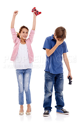 Buy stock photo Children, siblings and winner with loser for gaming competition or esports on a white studio background. Boy and girl with smile, controller and disappointment for victory or loss on console games