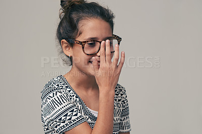 Buy stock photo Children, vision and glasses with happy little girl in studio isolated on gray background for optometry. Youth, frame and eyewear with young female kid at eye clinic for prescription eyesight test