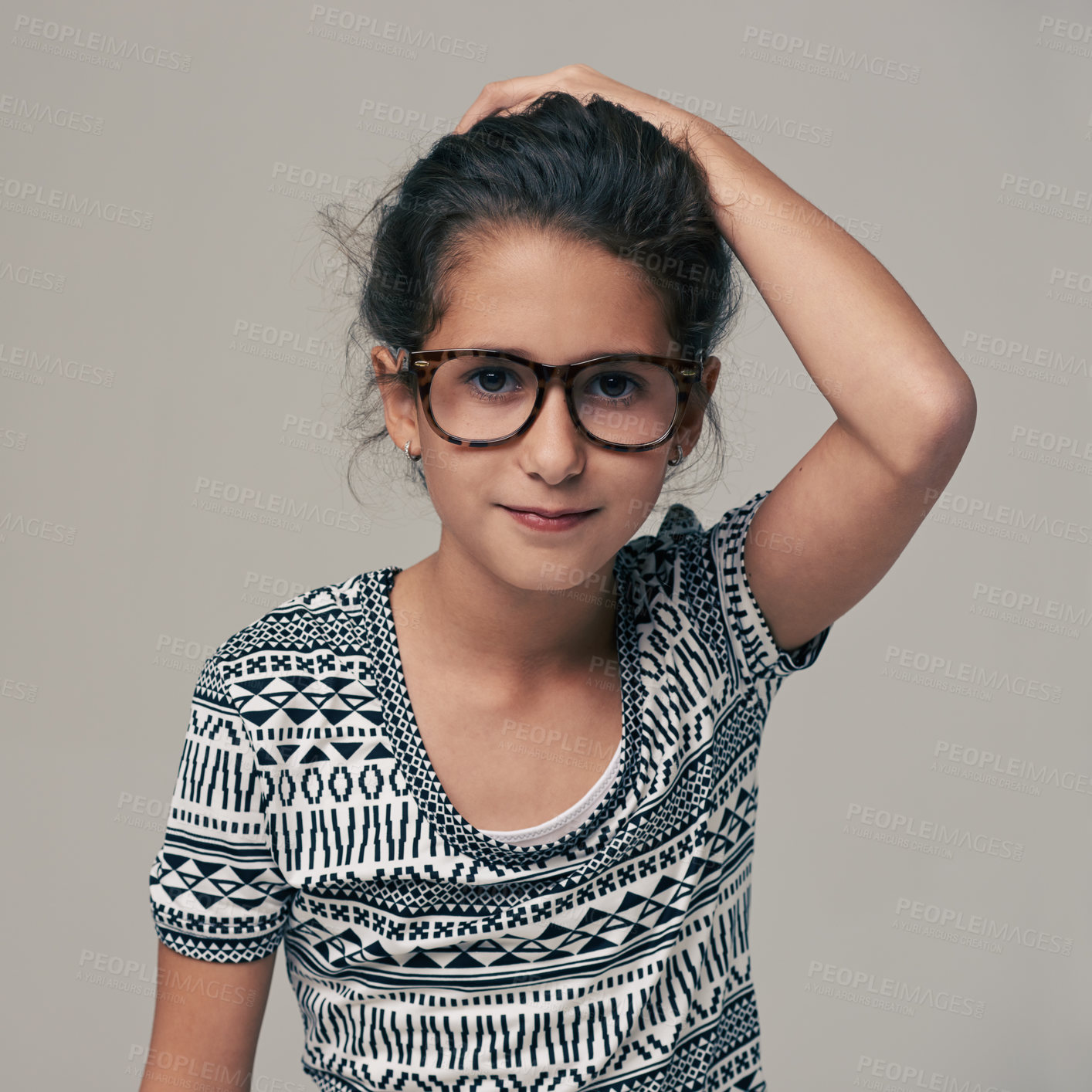 Buy stock photo Portrait, fashion and glasses with girl child in studio isolated on gray background for optometry style. Kids, frame lens or eyewear with cute young geek or nerd in clothes outfit and accessories