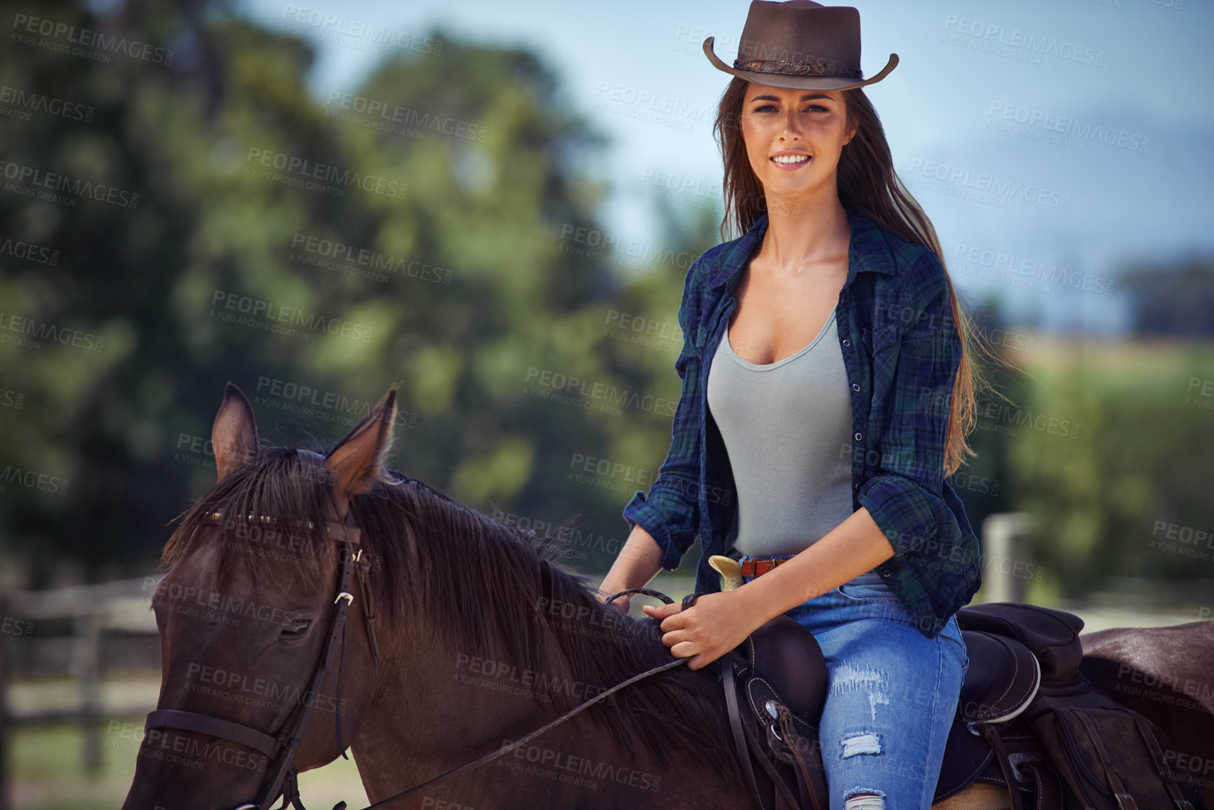 Buy stock photo Woman, portrait and horse or countryside ranch in nature as equestrian for adventure, training or cowboy hat. Female person, saddle and western cowgirl in Texas or farm environment, outdoor or rural