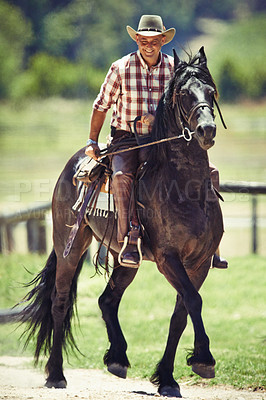 Buy stock photo Cowboy, smile and man riding horse with saddle on field in countryside for equestrian or training. Agriculture, summer and happy mature horseback rider on animal at ranch outdoor in rural Texas