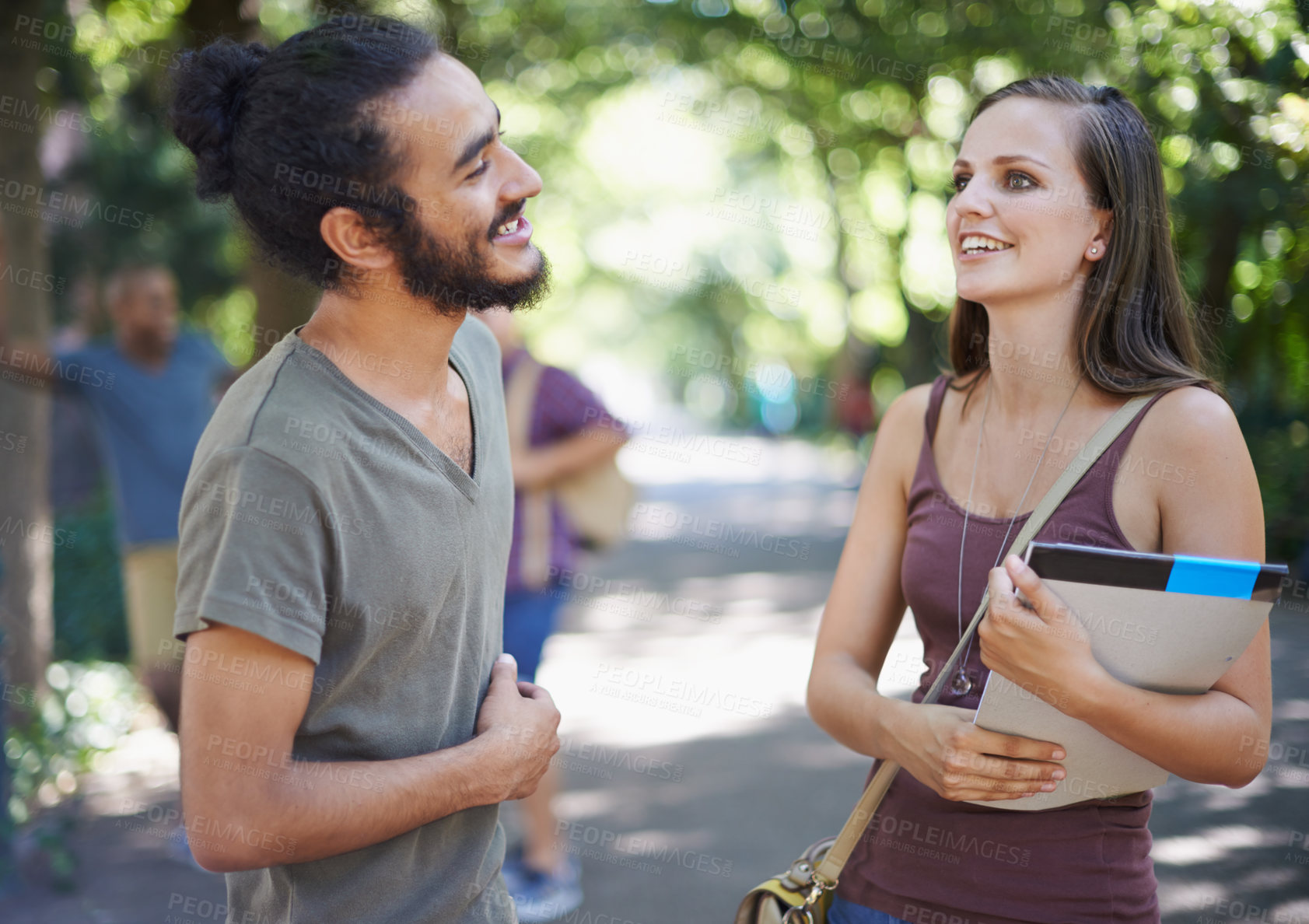 Buy stock photo Students, friends and talking of university on campus for learning, knowledge and happy conversation. Young people thinking, ideas and discussion of scholarship, study or education at park or college