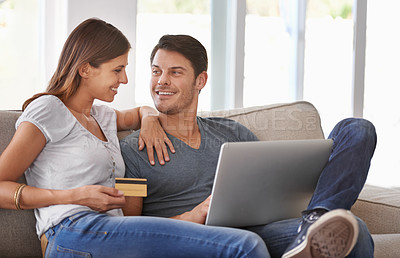 Buy stock photo Happy couple, laptop and sofa with credit card for online shopping, payment or purchase in living room at home. Man and woman with smile or debit on computer for ecommerce, banking or transaction