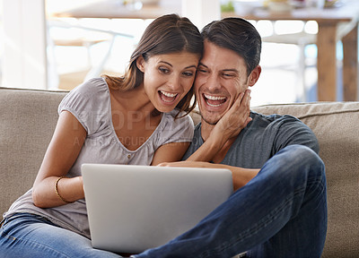 Buy stock photo Happy couple, laptop and sofa with good news for winning, giveaway or surprise in living room at home. Excited man and woman with smile on computer in celebration for promo, deal or discount at house