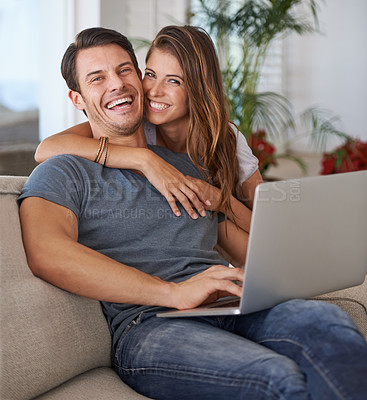 Buy stock photo Laptop, portrait and woman hugging man on sofa networking on social media, website or internet. Happy, love and female person embracing husband read online blog with computer in living room at home.