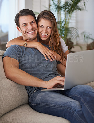Buy stock photo Laptop, hug and portrait of woman with man on sofa networking on social media, website or internet. Happy, love and female person embrace husband read online blog with computer in living room at home