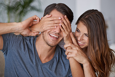 Buy stock photo Covering eyes, couple and happy surprise in living room or woman with partner, hands cover face and hide reveal. Girlfriend, man and love or playing together, guess who or excited announcement